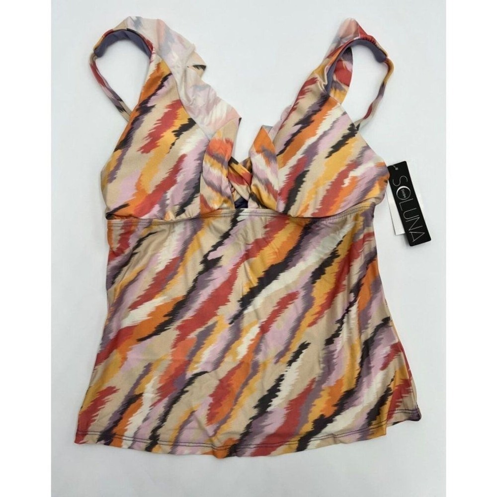 Soluna Swim Womens Ikat Chevron Ruffle Twist Front Tankini Top Multi-Color NEW